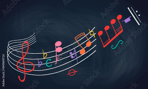 Crayon pastel or chalk music note signs doodle hand drawn symbol shapes set. Chalkboard textured musical symbols treble, bass clefs, pauses doodle collection.