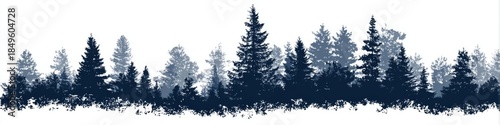 Silhouette of Tall Evergreen Pine Trees Forest, Dark Blue Tones on White Background, Minimalist, Abstract Nature Winter Landscape.