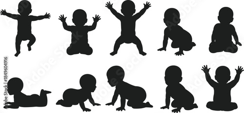Baby Silhouettes Collection Various Poses Crawling Sitting Standing Playing infant child