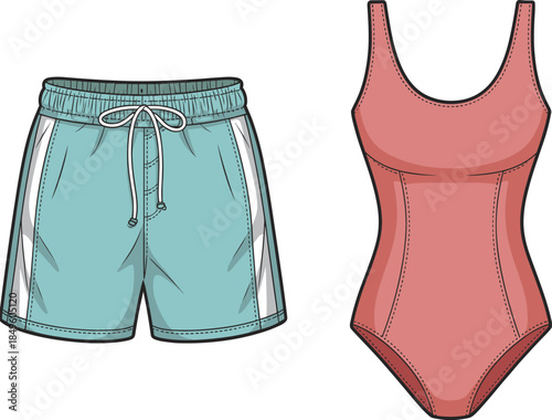 Cartoon illustration of teal swim shorts and pink one-piece swimsuit swimwear bikini