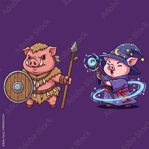Cute Pig Warrior and Wizard Fantasy Characters