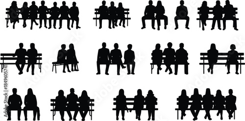 Diverse Group of People Sitting on Benches Silhouettes Various Arrangements vector illustration