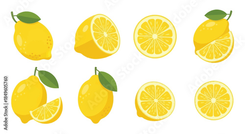 Fresh whole and sliced lemons with green leaves on a white background.