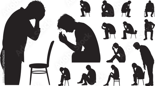 Silhouette Collection of Depressed Men in Various Poses of Sadness and Despair male