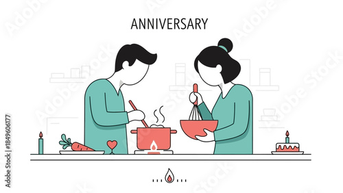 A minimalist illustration of a couple cooking together in a kitchen, celebrating their anniversary with a cake and wine.
