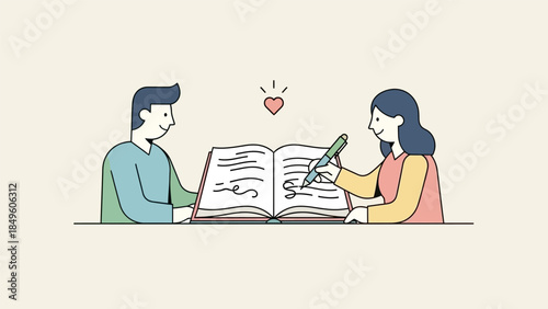A man and a woman happily writing and reading together in a large open book, sharing a moment of connection.