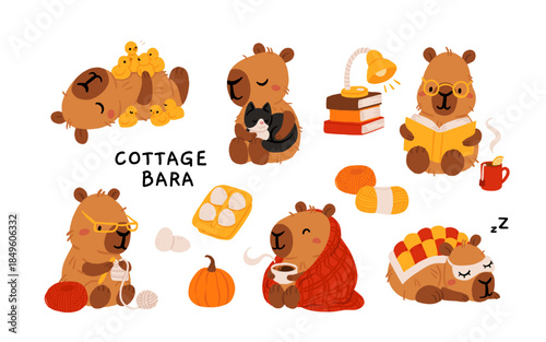 Cozy Cottage Capybara Life Vector Set with Farm Animals, Gardening, Home Activities, Slow Living, Hygge Lifestyle, Cute Cartoon Illustration Collection