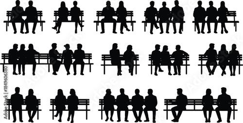 Silhouettes of People Sitting on Benches in Pairs and Groups couple