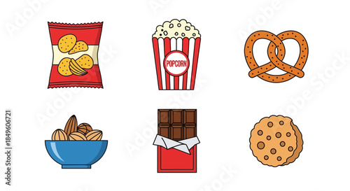 Assortment of delicious snacks including chips, popcorn, pretzels, almonds, chocolate, and cookies.