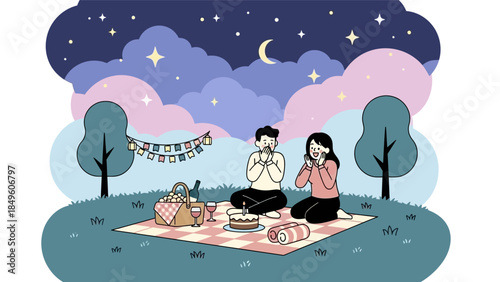 A couple celebrating a birthday with a romantic night picnic under a starry sky.