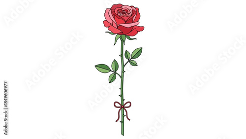 Elegant Red Rose with Green Leaves and a Decorative Bow on the Stem