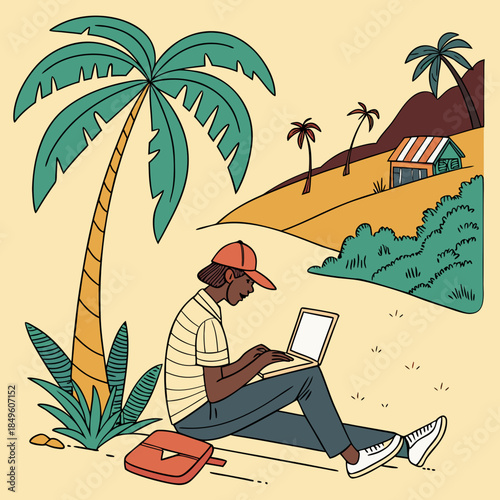 woman on the beach with laptop