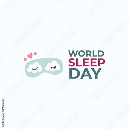 Teal sleep mask with cloud eyes and hearts beside "World Sleep Day" text on pink background