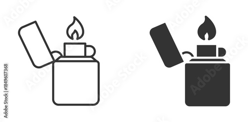 Lighter icon set in outline and silhouette style, representing fire, ignition, smoking accessories, and everyday tools, vector illustration.