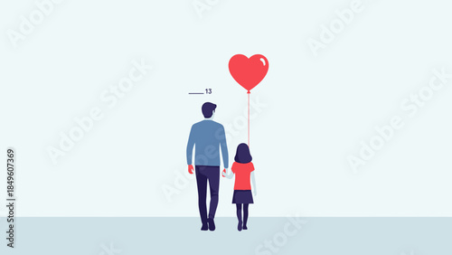 Father and Daughter Walking Together Holding a Heart-Shaped Balloon Symbolizing Love and Bonding