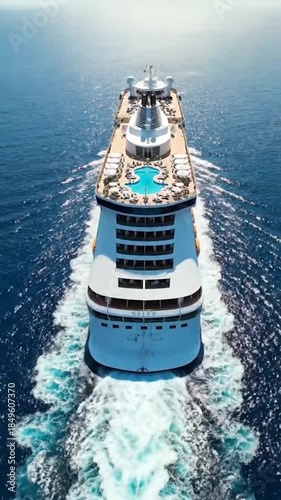 Aerial view of a luxury cruise ship with a pool, sailing on sparkling blue ocean creating a wake