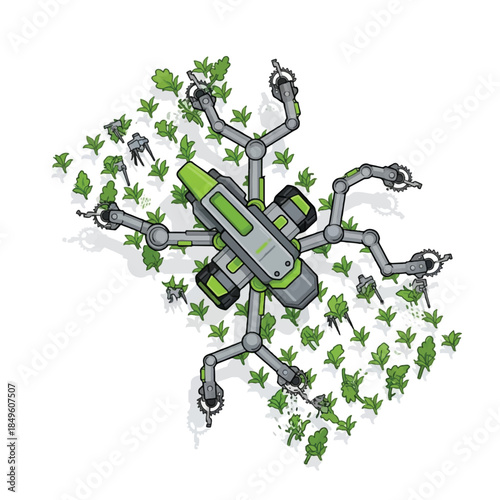 A large robotic machine with multiple arms tending to a field of crops, surrounded by smaller robots, illustrating modern precision agriculture.
