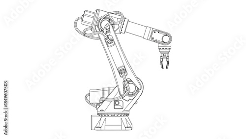 Side View Industrial Robotic Arm Technical Line Drawing for Factory Automation