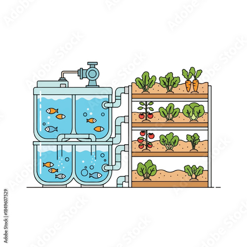Illustration of an aquaponics system with fish tanks and vertical plant cultivation shelves.