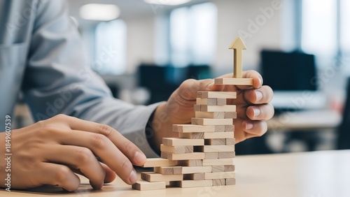 Growth and Strategy: A focused person carefully constructing a wooden block staircase, culminating in an upward-pointing arrow. Symbolizing progress, development, and strategic planning in business.