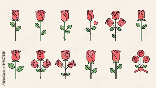 Hand-drawn pink roses in various stages of bloom with playful heart accents for romantic floral
