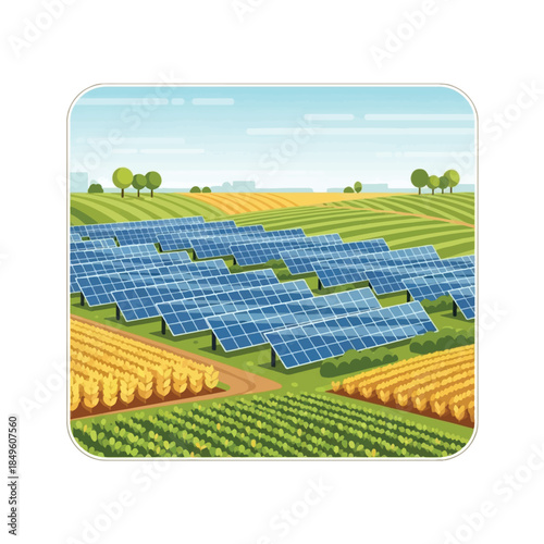 Solar panels installed in a vast agricultural field, generating clean energy amidst rows of crops under a clear blue sky.
