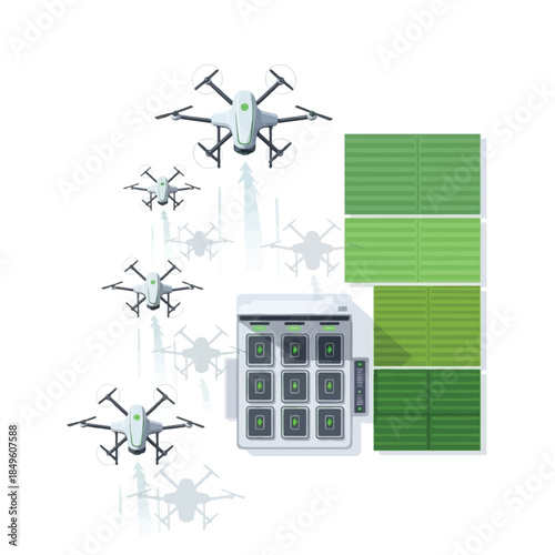 Multiple drones flying from a central charging station towards green agricultural fields, illustrating modern farming technology.