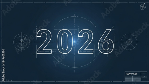 Blueprint style 2026 year graphic with compass elements representing future planning and new beginnings on a dark blue background