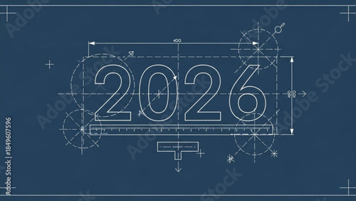 Blueprint of the year 2026 technical drawing with engineering schematics concept for future planning and new year