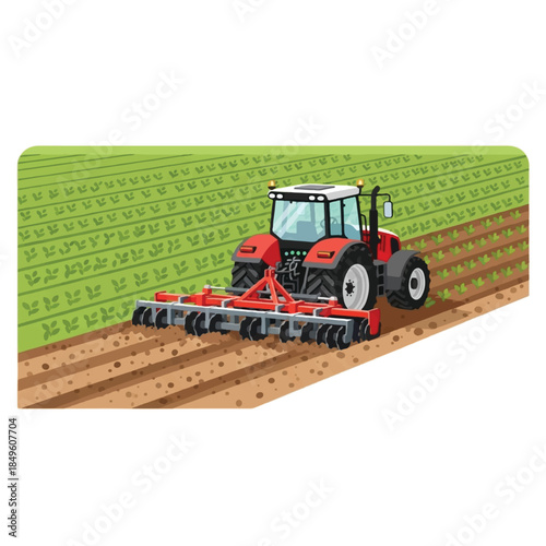 A red farm tractor with a cultivator attachment working in a field, preparing the soil for planting crops.