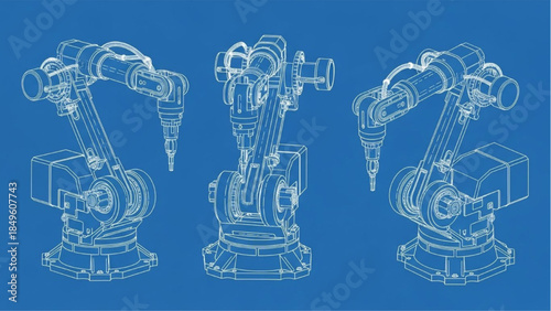 Industrial robotic arms performing automated manufacturing tasks in a blue technical schematic view with mechanical precision and engineering concept