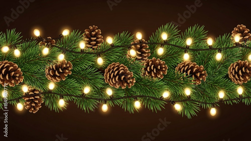 Christmas garland with pine cones and warm lights festive fir branch decoration for winter holidays and New Year celebrations seamless pattern