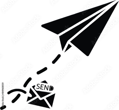 Paper airplane sending email message icon. Fast digital communication concept with flying plane and envelope, symbolizing online delivery and instant connection.