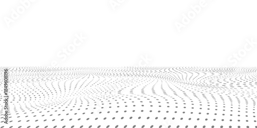 Black halftone wave background. Abstract grainy fluid texture. Dotted curved dot flow wallpaper. Grit swoosh overlay element for poster, banner, brochure, flyer, leaflet, template. Vector backdrop