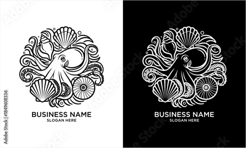 Stylized Octopus and Seashells in a Circular Ocean Wave Design.