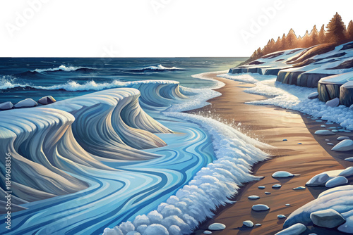 Lake Michigan shoreline transforms into a frozen coastal scene with snowdrifts, icy waves, stormy skies, and powerful winter winds reshaping the beach into an arctic-like landscape