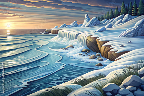 Lake Michigan shoreline transforms into a frozen coastal scene with snowdrifts, icy waves, stormy skies, and powerful winter winds reshaping the beach into an arctic-like landscape