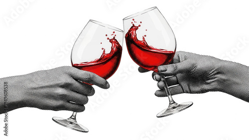 Hands Clinking Wine Glasses with Red Liquid Splashing
