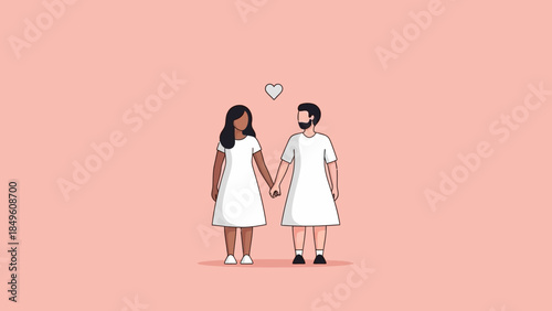Minimalist Digital Illustration of a Romantic Couple Holding Hands with Heart Above on Soft Pink