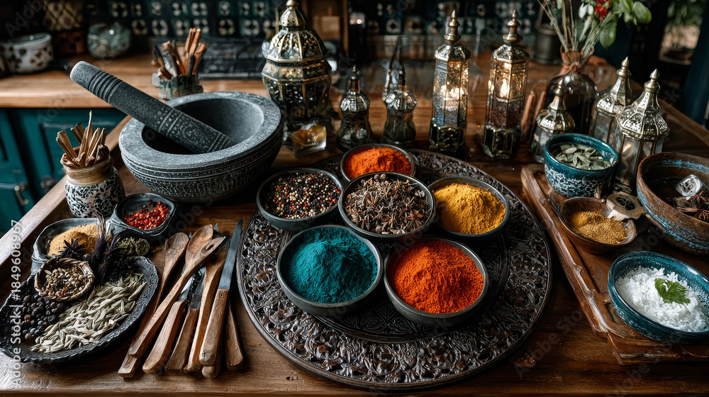 Fototapeta premium Overhead view depicting cooking with spices in a rustic kitchen with bowls of colourful ground spice and scattered powder on an old scored wooden counter with copyspace