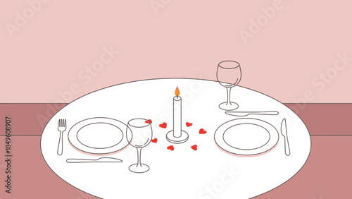 Minimalist romantic dinner setup with candles and wine glasses on a pink background
