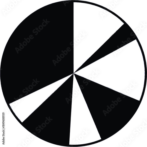 Abstract black and white segmented circle design with contrasting halves and radial divisions. Geometric pattern for concepts of choice, balance, or data visualization.