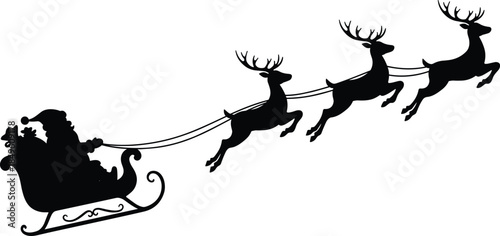 Classic Santa Claus sleigh silhouette with four flying reindeer, vintage Christmas icon, night sky delivery scene, holiday vector illustration for festive design
