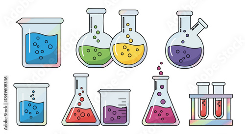 Colorful laboratory glassware with various liquids for scientific experiments.