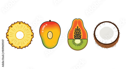 Vibrant Tropical Fruit Medley - Pineapple, Mango, Papaya, Kiwi, and Coconut Halves.