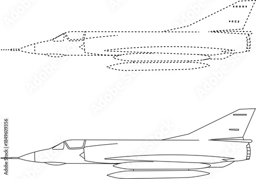 Outline sketch of a dassault mirage III side view vector illustration. sketch of fighter jet vector illustration. Dotted airplane 