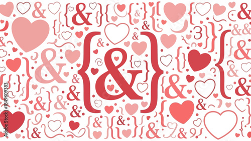 Pattern of various pink and red hearts and ampersands creating a romantic design suitable for