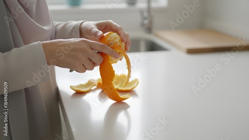 Woman Peeling Orange in Modern Kitchen.