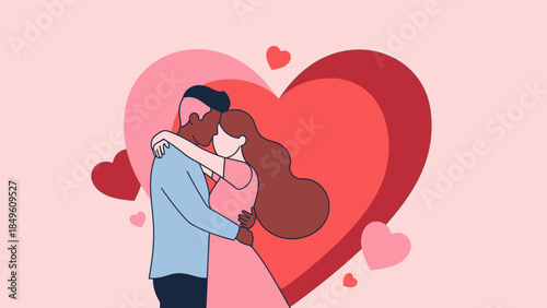 romantic couple embracing in front of large heart with smaller hearts surrounding them