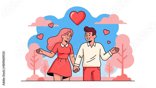 romantic couple enjoying a walk with floating hearts and picturesque background in a cheerful